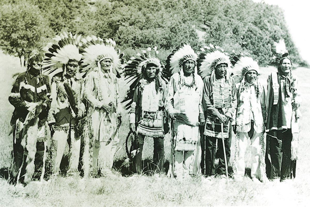 Sioux Indians, six of whom were present at the Battle of Little Big Horn, gather in Custer State Park in the Black Hills area of Custer, S.D. on Sept. 2, 1948.  (AP)