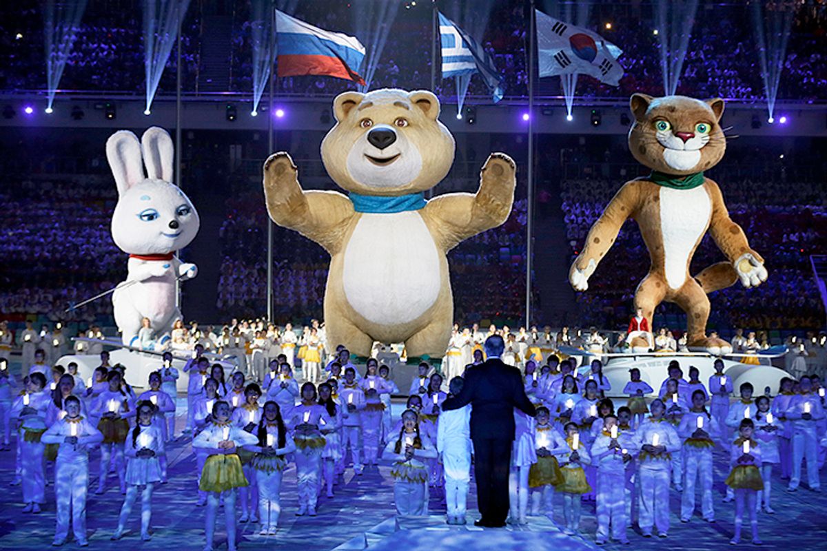 Large mascots and children perform during the closing ceremony of the 2014 Winter Olympics, Feb. 23, 2014.      (AP/Charlie Riedel)