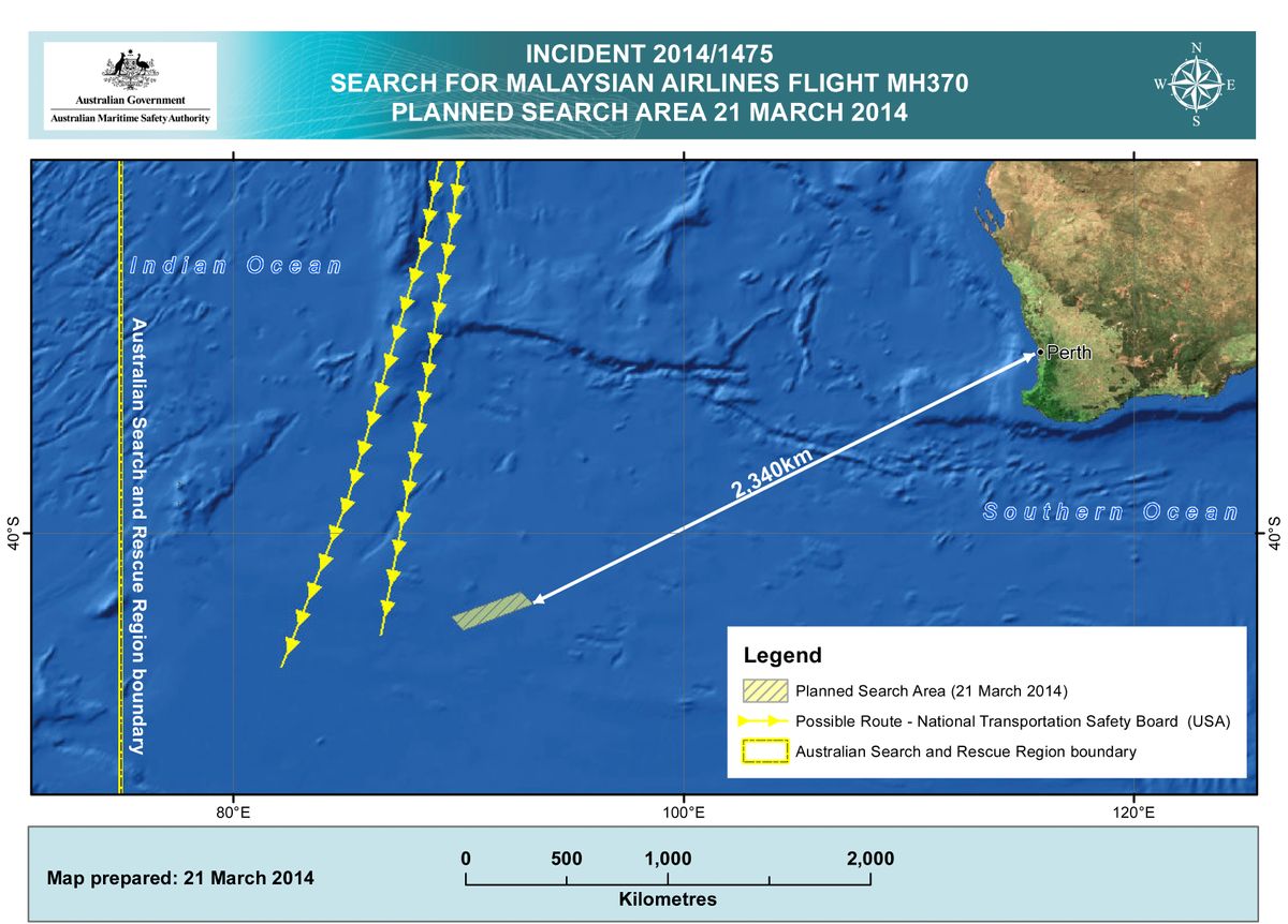 This Friday, March 21, 2014 graphic provided by Australian Maritime Safety Authority (AMSA), shows an area in the southern Indian Ocean that the AMSA is concentrating its search for the missing Malaysia Airlines Flight MH370 on. Planes are flying out of Australia again to search for two objects detected by satellite that may be debris from a missing Malaysian Airlines jetliner. (AP Photo/Australian Maritime Safety Authority)  (AP)