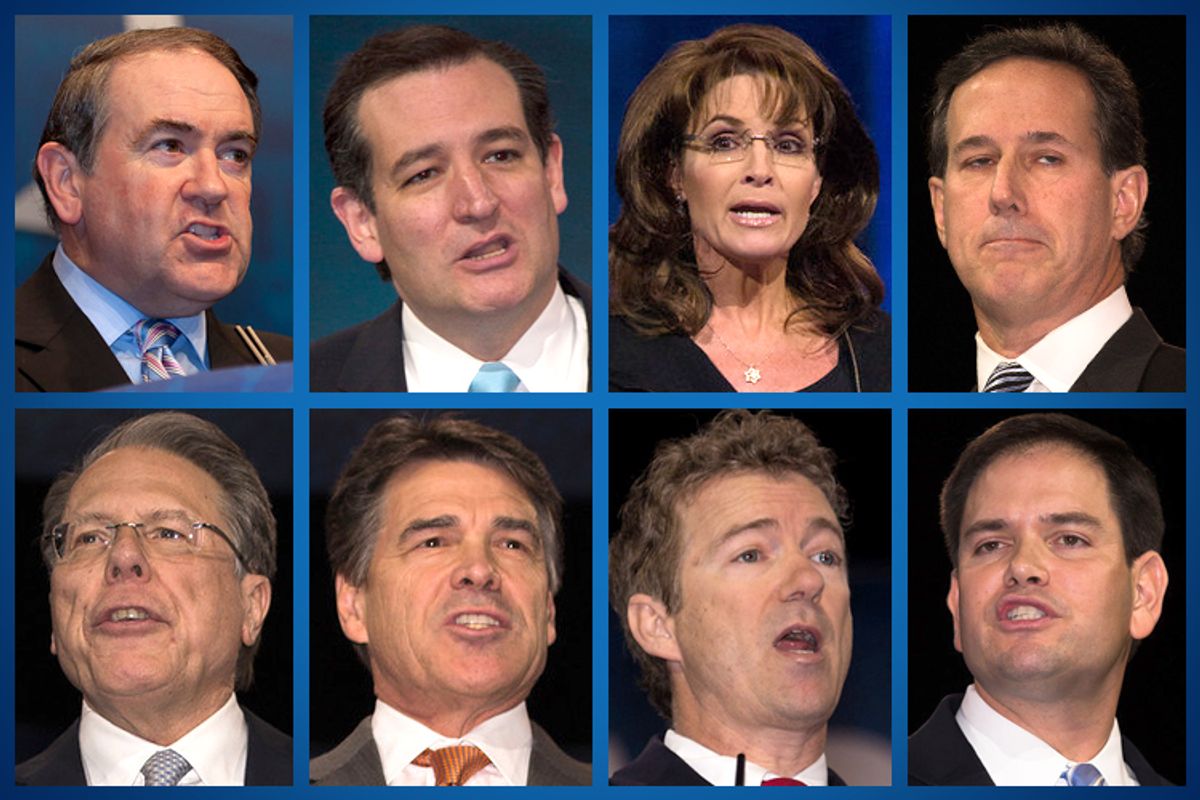 Clockwise, from top left: Mike Huckabee, Ted Cruz, Sarah Palin, Rick Santorum, Marco Rubio, Rand Paul, Rick Perry, Wayne LaPierre.     (Jeff Malet, maletphoto.com)