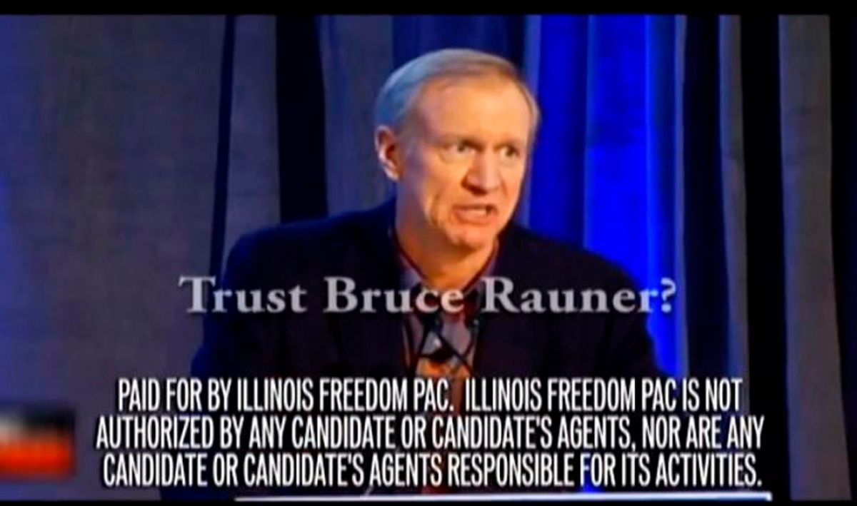 This undated frame grab from a television ad provided by the Illinois Freedom PAC shows a political ad criticizing venture capitalist Bruce Rauner, a candidate for the Republican nomination for Illinois governor. Labor unions, which funded the ad, have taken an unprecedented role in the March 18 Republican primary. (AP Photo/Courtesy of the Illinois Freedom PAC) (AP)