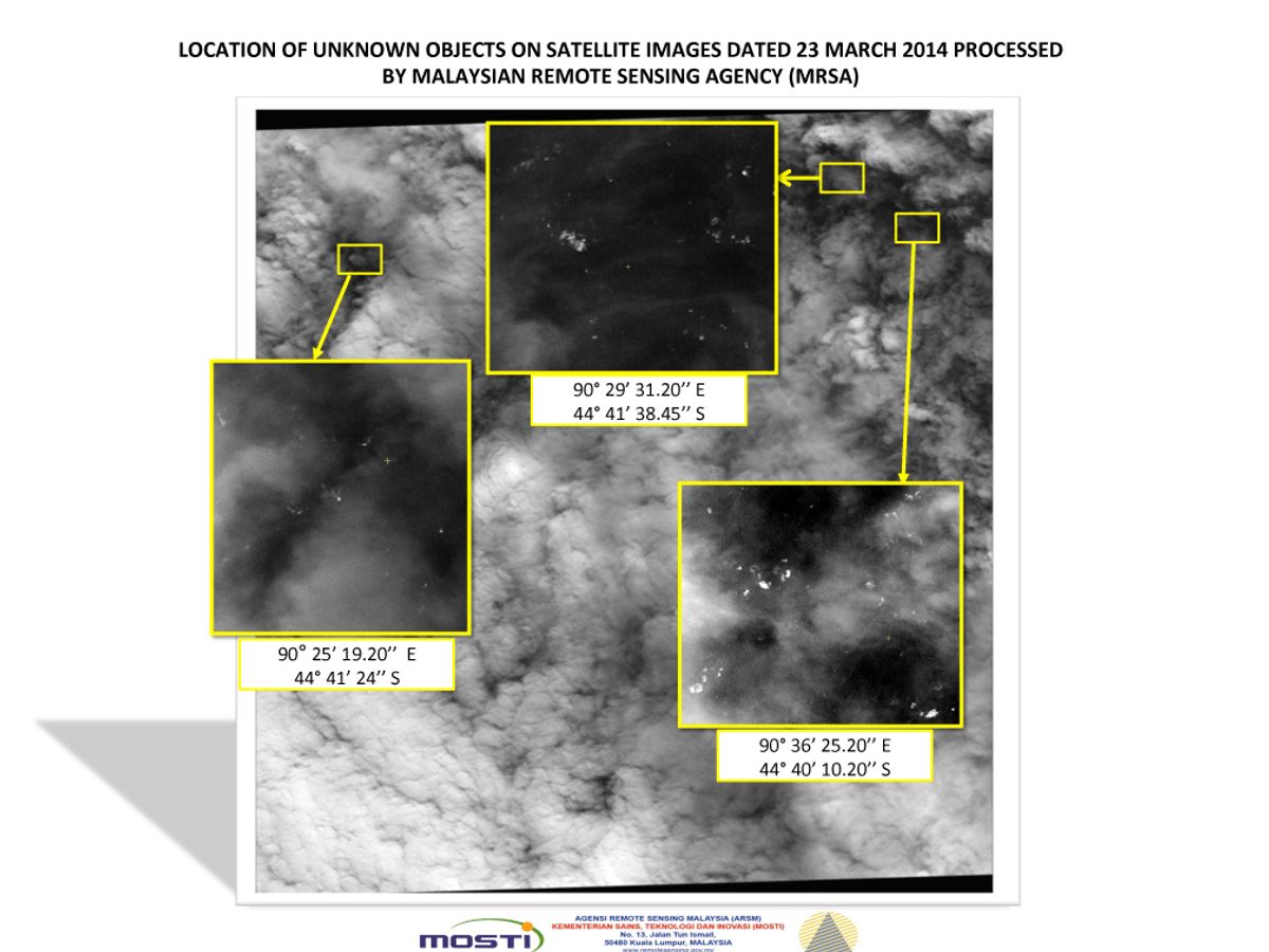 This graphic released by the Malaysian Remote Sensing Agency on Wednesday March 26, 2014, shows satellite imagery taken on March 23, 2014, with the approximate positions of objects seen floating in the southern Indian Ocean in the search zone for the missing Malaysia Airlines Flight 370. Malaysian Defense Minister Hishammuddin Hussein said at a news conference in Kuala Lumpur Wednesday that a satellite has captured images of 122 objects close to where three other satellites previously detected objects. (AP Photo/Malaysian Remote Sensing Agency)  (AP)