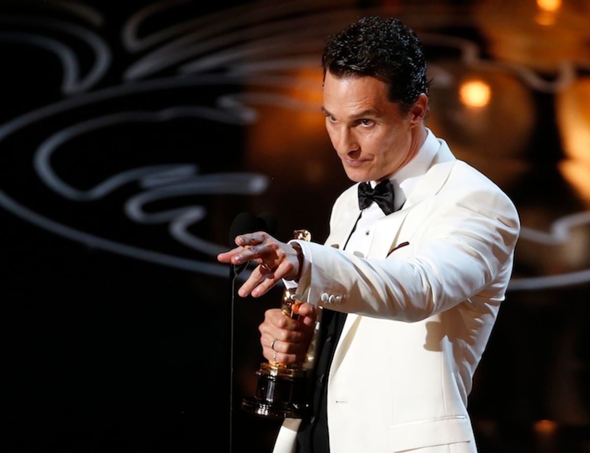 Matthew McConaughey accepts the Oscar for best actor for his role in "Dallas Buyers Club" at the 86th Academy Awards in Hollywood, California March 2, 2014.        (REUTERS/Lucy Nicholson)