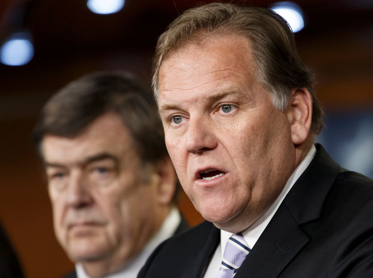 House Intelligence Committee Chairman Rep. Mike Rogers, R-Mich., right, accompanied by the committee's ranking member Rep. C.A. Dutch Ruppersberger, D-Md. (AP)