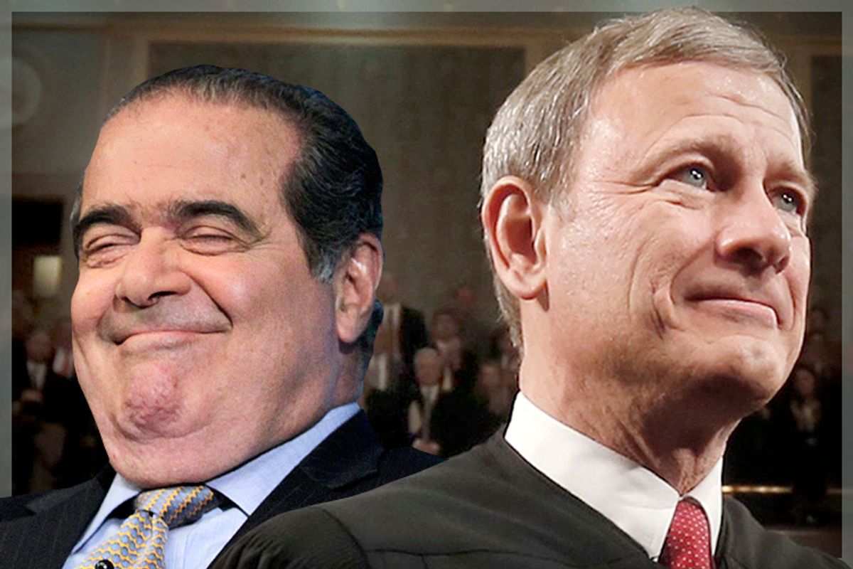 Supreme Court Justices Antonin Scalia, John Roberts                                   (Reuters/Brendan McDermid/AP/Larry Downing/photo collage by Salon)