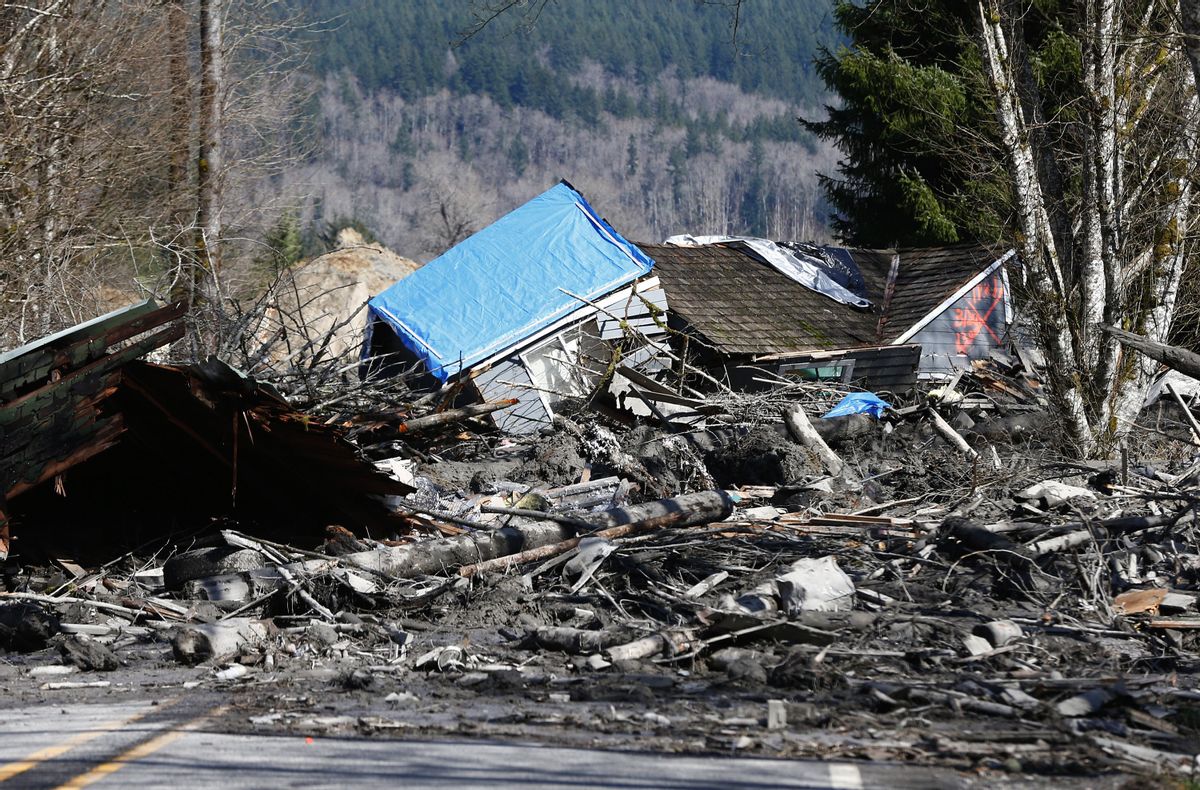 A house is seen destroyed in the mud on Highway 530 next to mile marker 37 on Sunday, March 23, 2014, the day after a giant landslide occurred near mile marker 37 near Oso, Washington.  (AP Photo/The Seattle Times, Lindsey Wasson, Pool)  