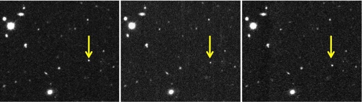 This combination of images provided by the Carnegie Institution for Science shows a new solar system object dubbed 2012 VP113, indicated by the yellow arrow, that was observed on November 2012 through a telescope in Chile. New research published in the journal Nature reveals its the second object to be discovered in the far reaches of the solar system far beyond the orbit of Pluto. (AP Photo/Carnegie Institution for Science, Scott S. Sheppard)  (AP)