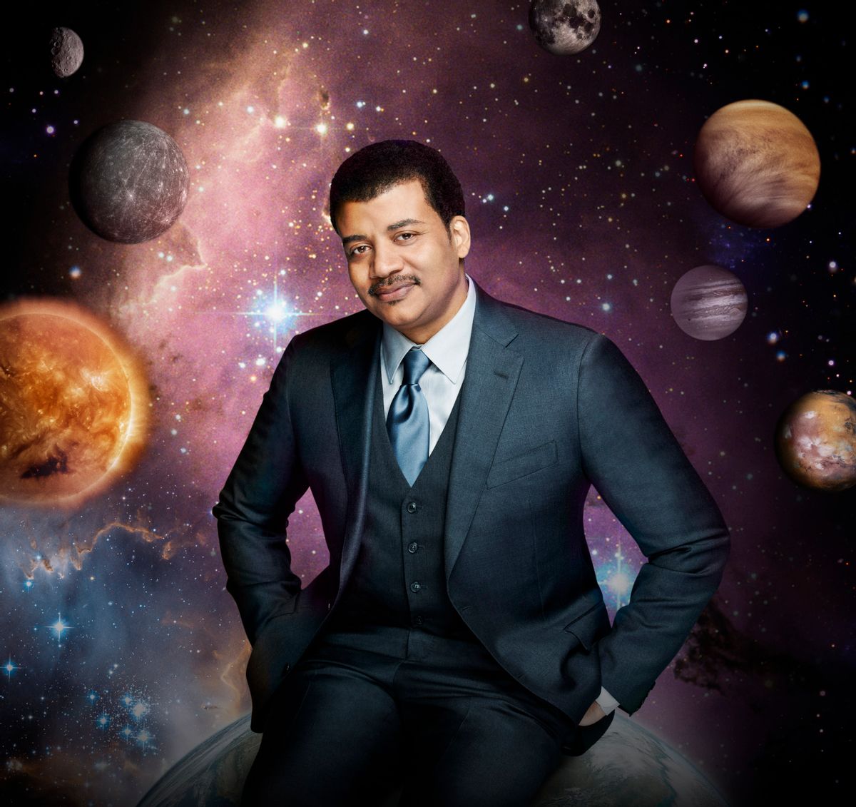 This photo released by Fox shows Neil deGrasse Tyson, the astrophysicist who hosts the television show, "Cosmos: A Spacetime Odyssey," premiering Sunday, March 9, 2014, 9:00-10:00 PM ET/PT on Fox and simultaneously across multiple U.S. Fox networks. The series will explore how we discovered the laws of nature and found our coordinates in space and time.  (AP Photo/Fox, Patrick Eccelsine)     (AP)