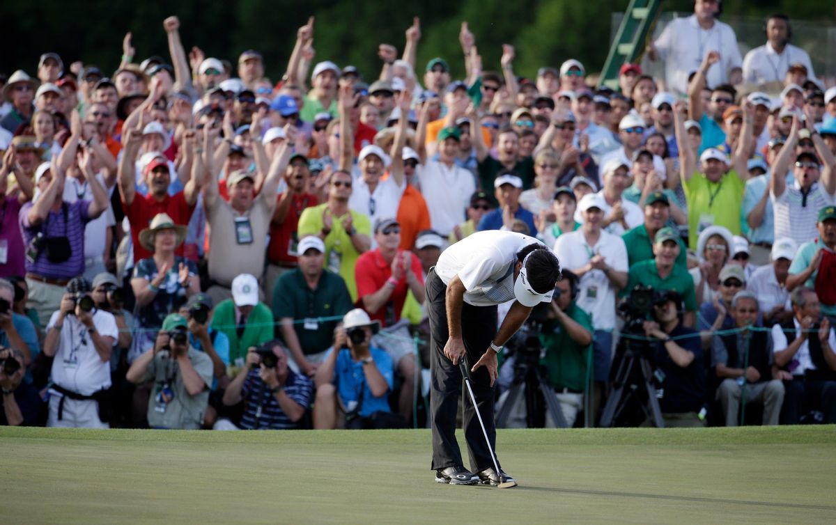 Bubba Watson reacts after winning the Masters golf tournament Sunday, April 13, 2014, in Augusta, Ga. (AP Photo/Darron Cummings) (Darron Cummings)