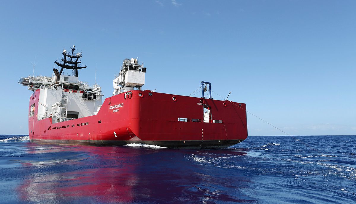 In this April 4, 2014, photo provided by the Australian Defence Force, the Australian Defence vessel Ocean Shield tows a pinger locator in the first search for the missing flight data recorder and cockpit voice recorder in the southern Indian Ocean. Ocean Shield, which is carrying high-tech sound detectors from the U.S. Navy, was investigating a sound it picked up. (AP Photo/ADF, LEUT Kelly Lunt, HO) EDITORIAL USE ONLY      (Leut Kelly Lunt)