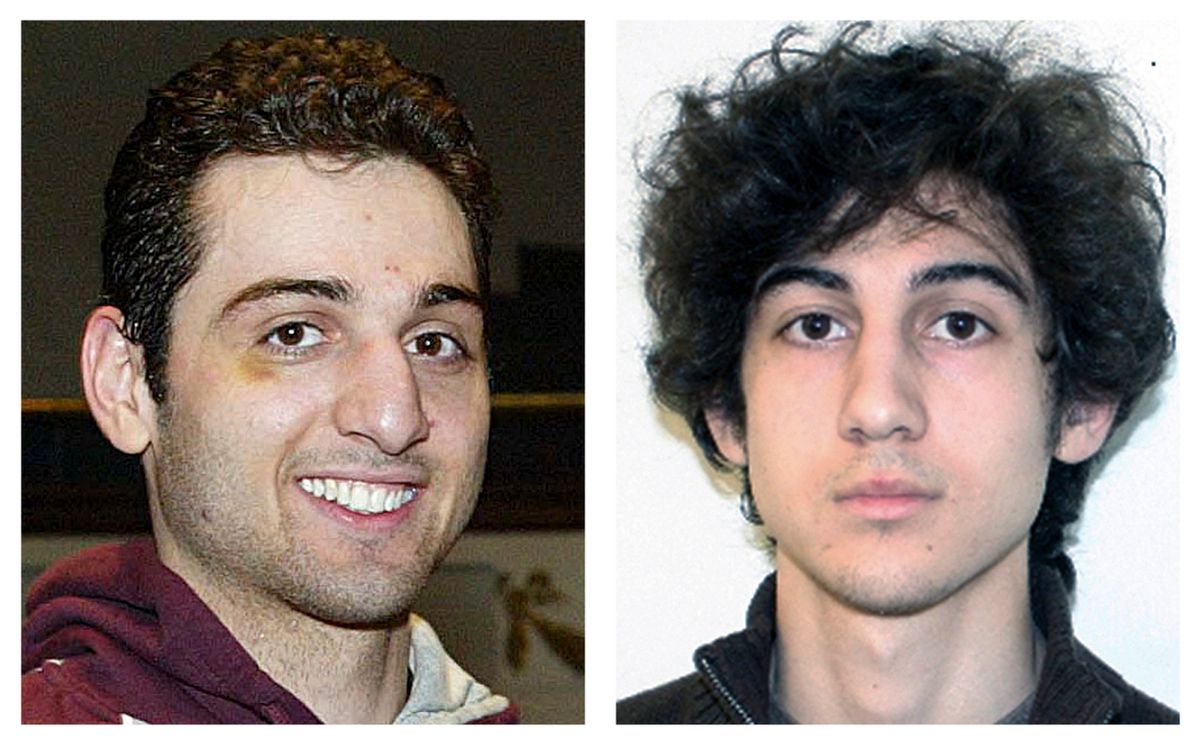 FILE - This combination of file photos shows brothers Tamerlan, left, and Dzhokhar Tsarnaev, suspects in the Boston Marathon bombings on April 15, 2013. Tamerlan Tsarnaev died after a gunfight with police several days later, and Dzhokhar Tsarnaev, was captured and is held in a federal prison on charges of using a weapon of mass destruction. A year after the bombings, prosecutors said they have a trove of evidence to use against Dzhokhar Tsarnaev, including surveillance video showing him placing one of the bombs just yards from Martin Richard, the 8-year-old boy who died in the blast. (AP Photos/Lowell Sun and FBI, File) (AP)