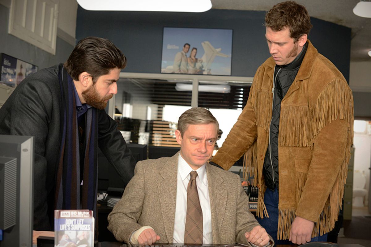 FARGO "A Muddy Road" -- Episode 103 -- Airs Tuesday, April 29, 10:00 pm e/p) -- Pictured: (L-R) Adam Goldberg as Mr. Numbers, Martin Freeman as Lester Nygaard, Russell Harvard as Mr. Wrench. -- CR: Chris Large/FX       (Chris Large)