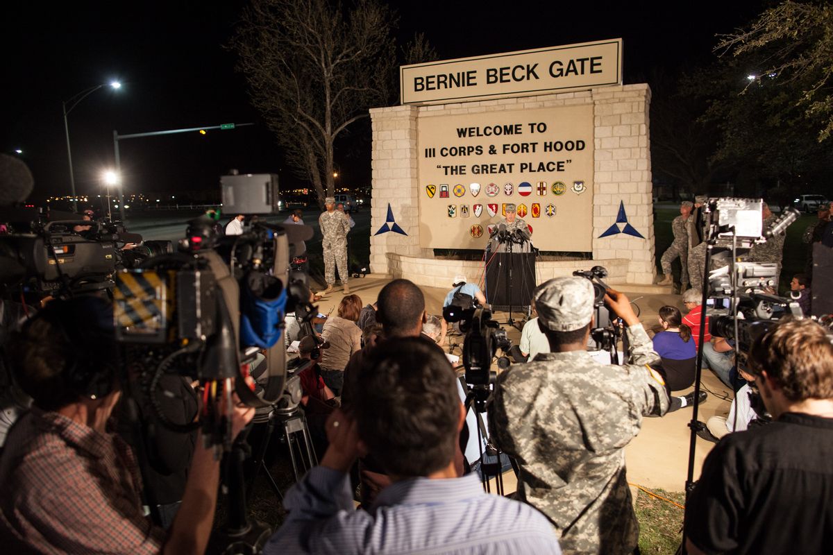 Lt. Gen. Mark Milley, commanding general of III Corps and Fort Hood, speaks with the media outside of an entrance to the Fort Hood military base following a shooting   (AP)