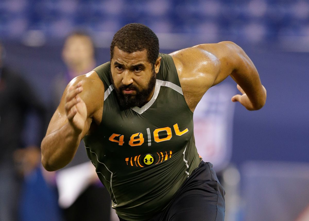 FILE - In this Feb. 22, 2014 file photo, Penn State offensive lineman John Urschel runs a drill at the NFL football scouting combine in Indianapolis. Urschel will routinely provide a look at his journey leading to the NFL draft on May 8 in a series of diary entries.  (AP Photo/Michael Conroy, File) (AP)