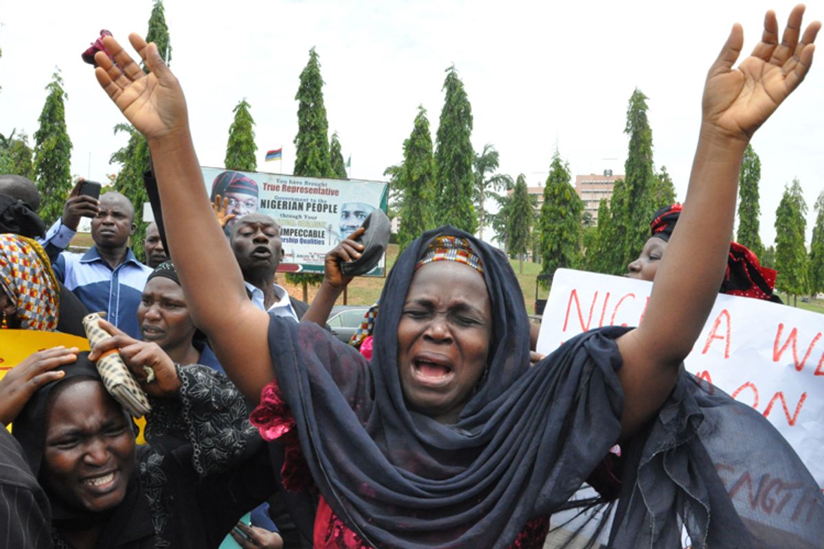 An unidentified mother at a demonstration with others who have daughters among the kidnapped school girls of government secondary school Chibok, Tuesday April 29, 2014, in Abuja, Nigeria.              (AP/Gbemiga Olamikan)