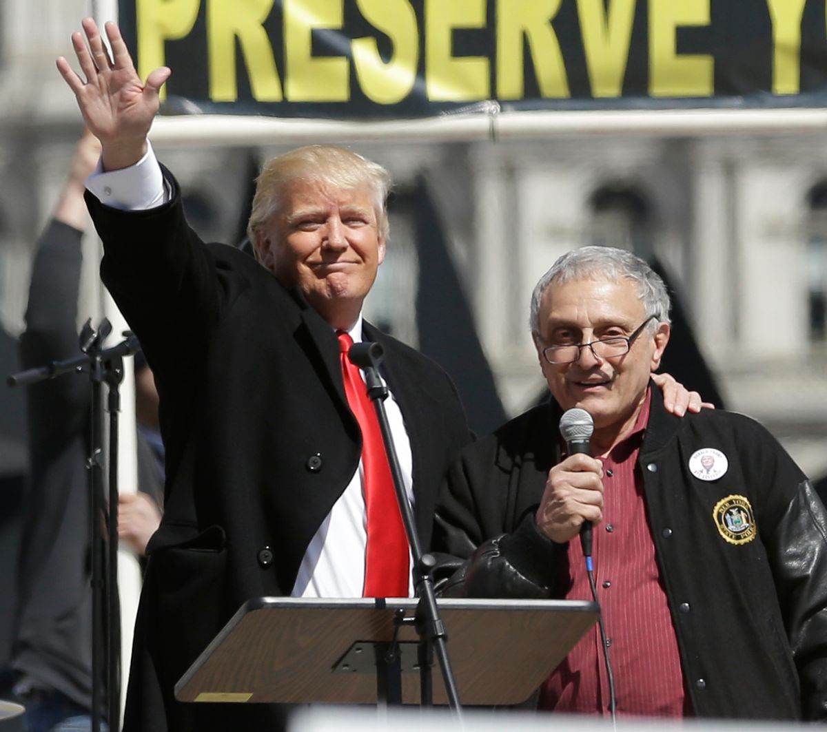 Donald Trump, left, and Carl Paladino, who ran for governor of New York as a Republican in 2010, speak during a gun rights rally at the Empire State Plaza on Tuesday, April 1, 2014, in Albany, N.Y. Activists are seeking a repeal of a 2013 state law that outlawed the sales of some popular guns like the AR-15. The law championed by Gov. Andrew Cuomo has been criticized as unconstitutional by some gun rights activists. (AP Photo/Mike Groll)  (AP)