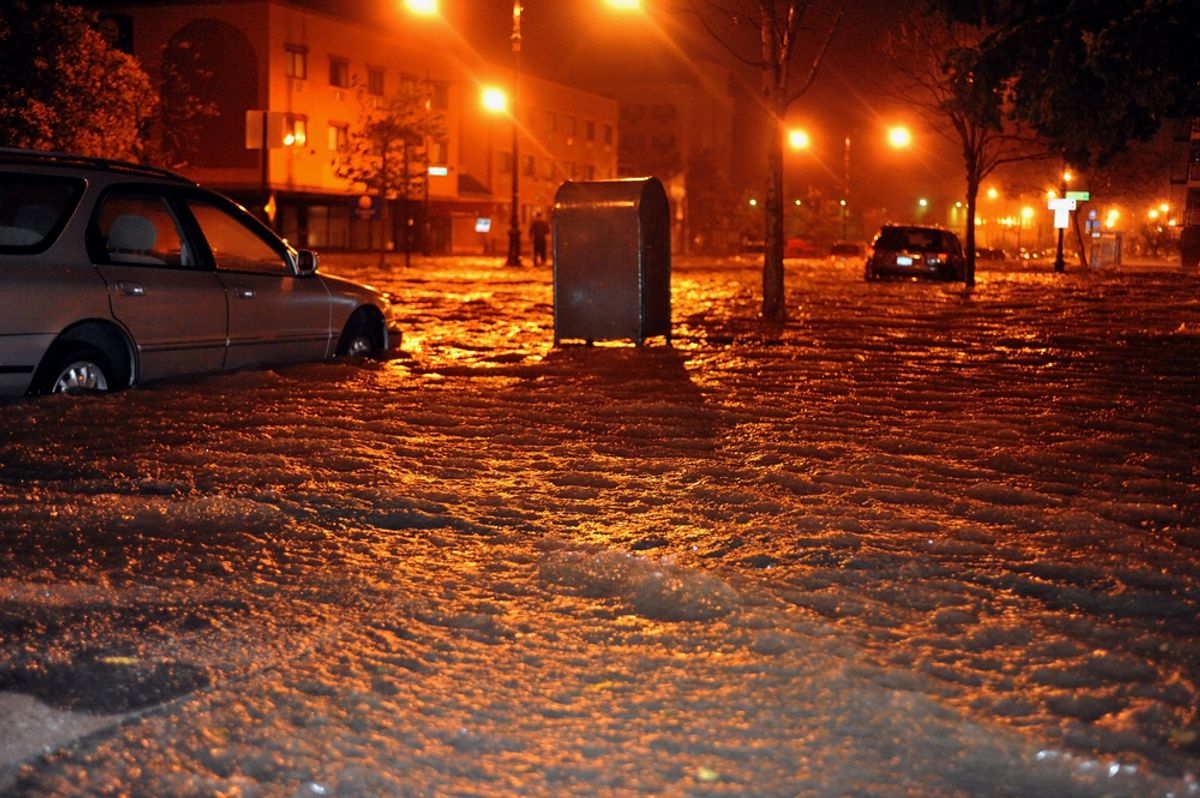 Flooded streets, caused by Hurricane Sandy, are seen on October 29, 2012, in the corner of Brigham street and Emmons Avenue of Brooklyn NY, United States. (Anton Oparin/Shutterstock)