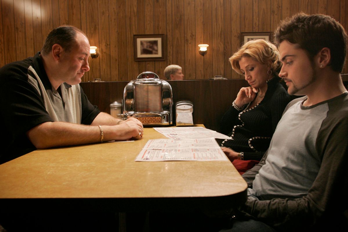 James Gandolfini, Edie Falco and Robert Iler in the series finale of "The Sopranos"          (HBO/Will Hart)