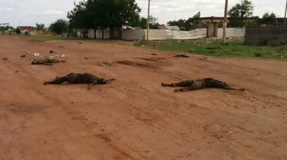 In this image taken from video, dead bodies lie on the road near Bentiu, South Sudan, on Sunday, April 20, 2014. The United Nations' top humanitarian official in South Sudan, Toby Lanzer, told The Associated Press in a phone interview on Tuesday, April 22, 2014, that the ethnically targeted killings are "quite possibly a game-changer" for a conflict that has been raging since mid-December and that has exposed longstanding ethnic hostilities. There was also a disturbing echo of Rwanda, which is marking the 20th anniversary this month of its genocide that killed 1 million people. (AP Photo/Toby Lanzer, United Nations) (AP)