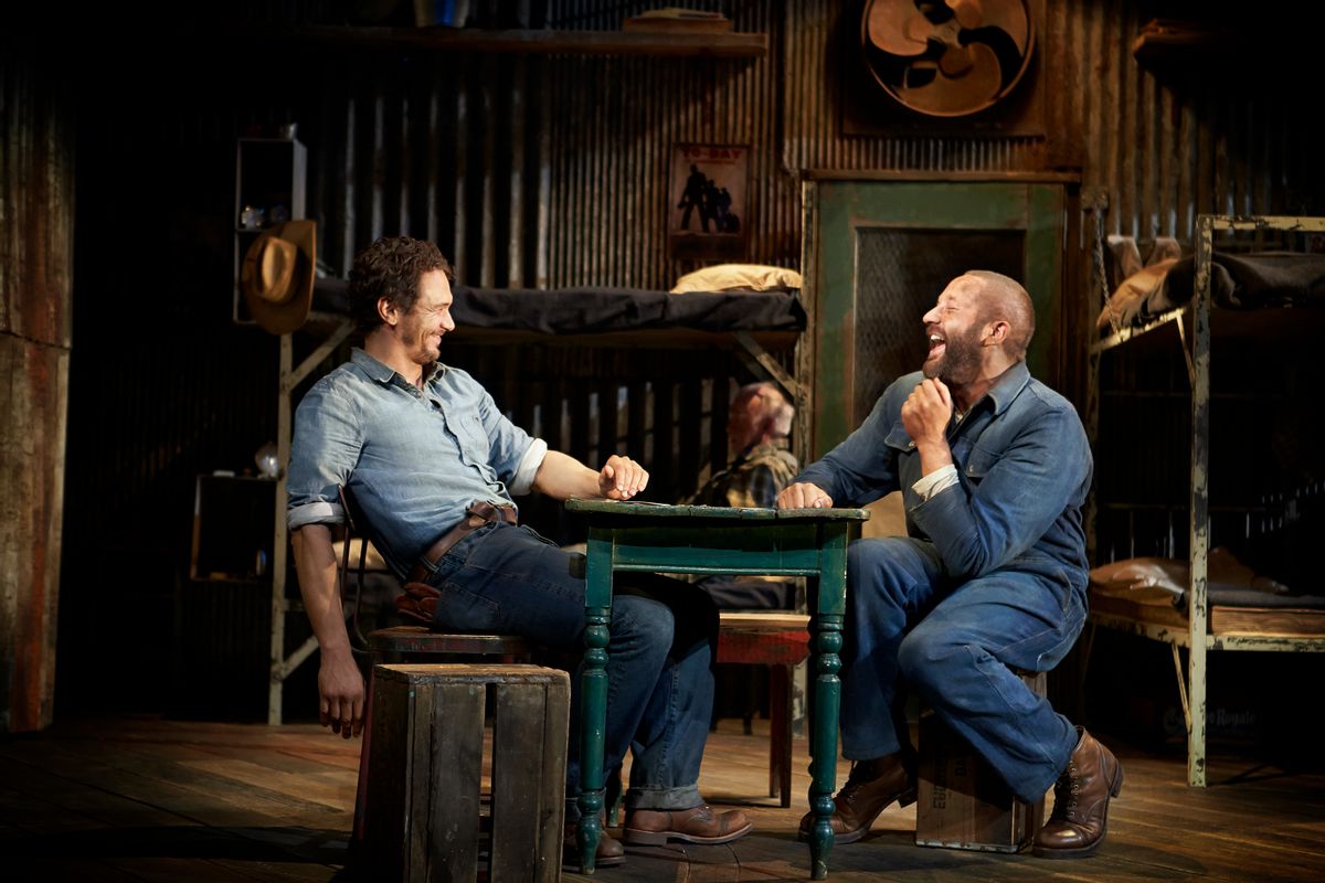 This image released by Polk & Co. shows James Franco, left, and Chris O'Dowd in a scene from "Of Mice and Men," in New York. (AP/Polk & Co., Richard Phibbs)