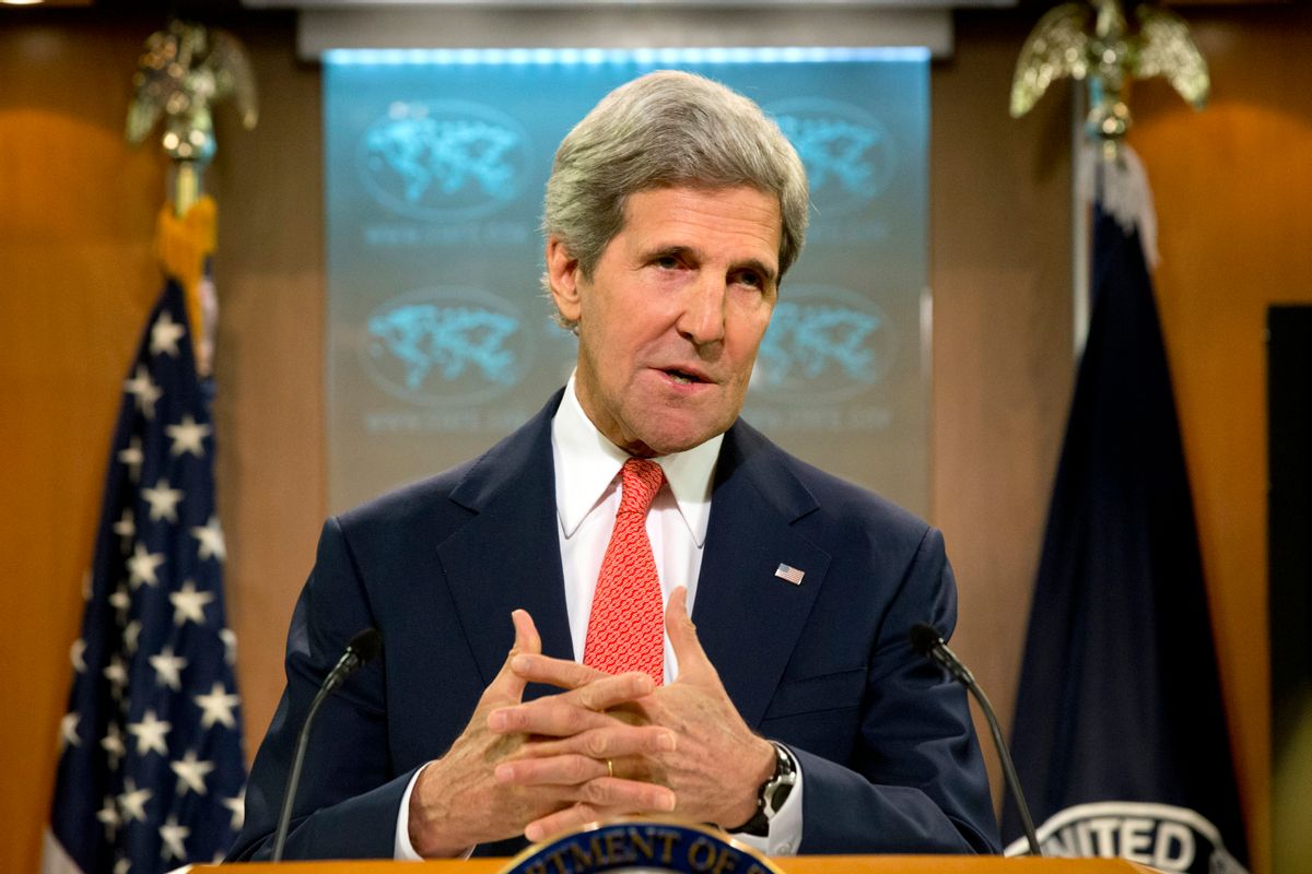 Secretary of State John Kerry speaks about the situation with Ukraine and Russia from the State Department in Washington, Thursday, April 24, 2014. Kerry is accusing Russia of failing to live up to commitments it made to ease the crisis in Ukraine. (AP Photo/Jacquelyn Martin) (AP)