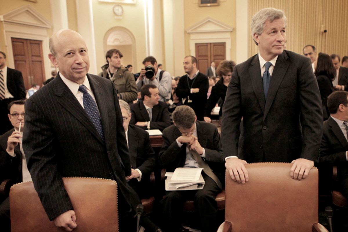 Lloyd Blankfein and Jamie Dimon, prior to testifying before the Financial Crisis Inquiry Commission, Jan. 13, 2010.              (AP/Pablo Martinez Monsivais)