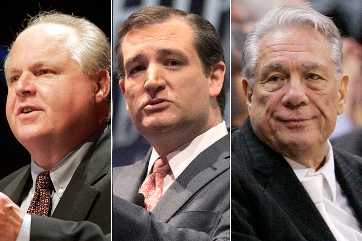 Rush Limbaugh, Ted Cruz, Donald Sterling                    (Reuters/Micah Walter/Adrees Latif/AP/Mark J. Terrill)