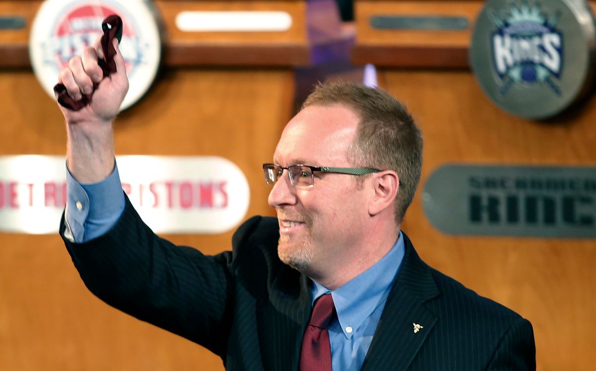Cleveland Cavaliers general manager David Griffin holds a lucky bow tie after the Cavaliers won the first pick in the NBA draft lottery, in New York on Tuesday, May 20, 2014. The bowtie was worn by Nick Gilbert, son of Cavaliers owner Dan Gilbert, who represented the Cavs in the previous draft lottery, when they also won the first pick. It's the third time in four years the Cavs will be atop the draft after moving up from the ninth spot.  (AP Photo/Kathy Willens) (AP)