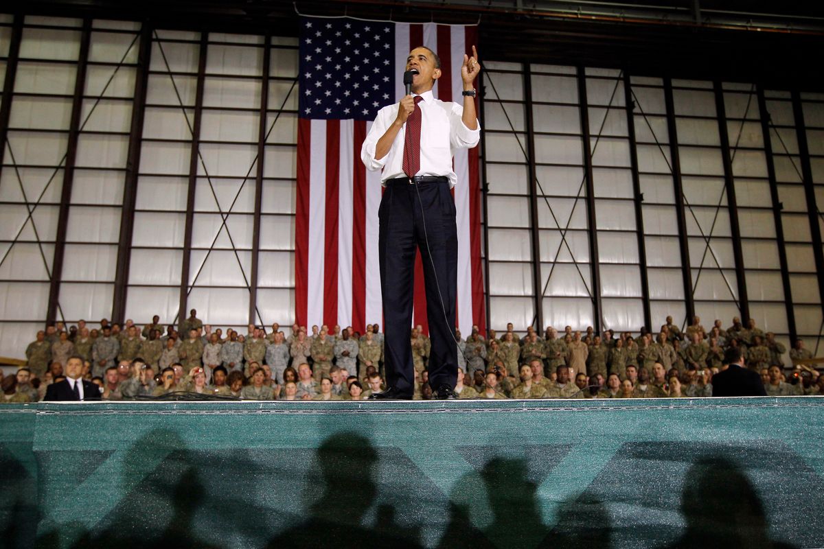 This May 2, 2012 file photo shows President Barack Obama addressing troops at Bagram Air Field, Afghanistan. President Obama has made a surprise trip to Afghanistan for a Memorial Day weekend visit with U.S. troops serving in Americas longest war.(AP Photo/Charles Dharapak)   (AP)