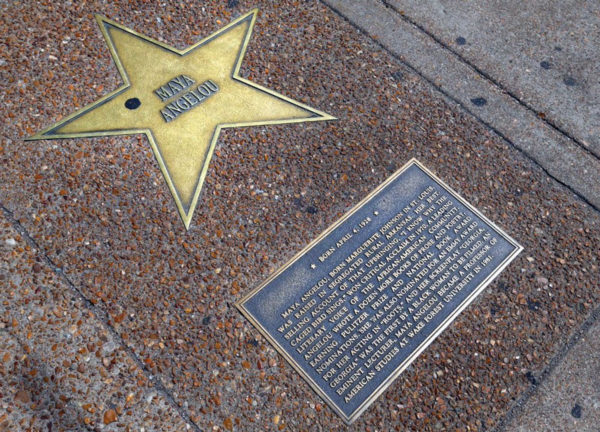 A star on the St. Louis Walk of Fame commemorates Poet Maya Angelou's connection to St. Louis in The Loop in University City, Mo., Wednesday, May 28, 2014. She was born in St. Louis as Marguerite Johnson on April 4, 1928. Angelou, a Renaissance woman and cultural pioneer, has died Wednesday, her son said. She was 86. (AP Photo/St. Louis Post-Dispatch, David Carson)  EDWARDSVILLE INTELLIGENCER OUT; THE ALTON TELEGRAPH OUT (AP)