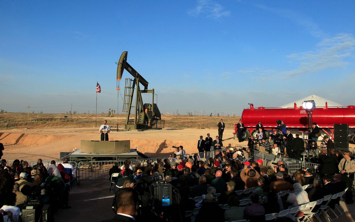 FILE - In this March 21, 2012, file photo, with oil pump jacks as a backdrop, President Barack Obama speaks at an oil and gas field on federal lands in Maljamar, N.M. The government has failed to inspect thousands of oil and gas wells it considers potentially high risks for water contamination and other environmental damage, congressional investigators say. The report, obtained by The Associated Press before its public release, highlights substantial gaps in oversight by the agency that manages oil and gas development on federal and Indian lands. (AP Photo/Ross D. Franklin, File) (AP)