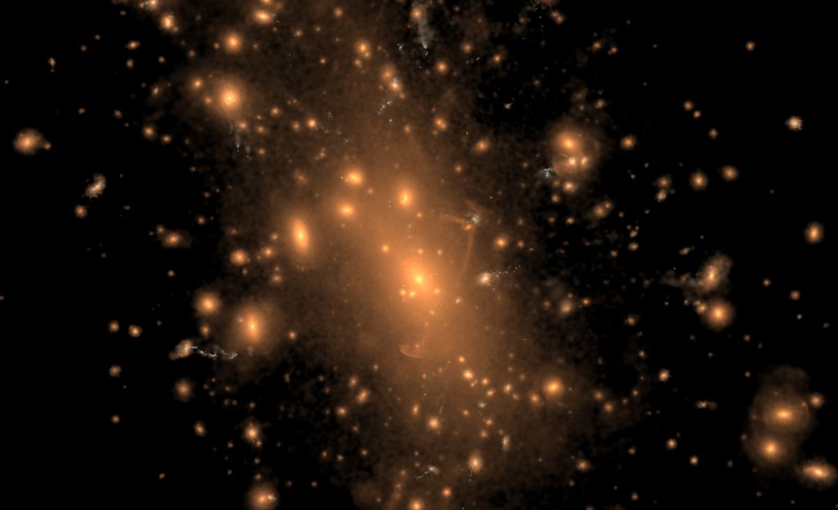 This image provided by the Illustris Collaboration in May 2014 shows light distribution of a massive cluster in a simulation of the evolution of the universe since the Big Bang.  (AP Photo/Illustris Collaboration) (AP)