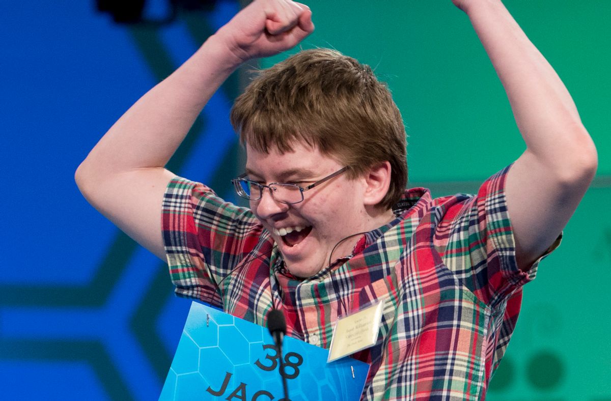 Eighth grade home-schooled pupil Jacob Williamson, 15, of Cape Coral, Fla., reacts after correctly spelling his word "harlequinade", during the semifinals of the Scripps National Spelling Bee, Thursday, May 29, 2014, at National Harbor in Oxon Hill, Md.   (AP Photo/Manuel Balce Ceneta) 