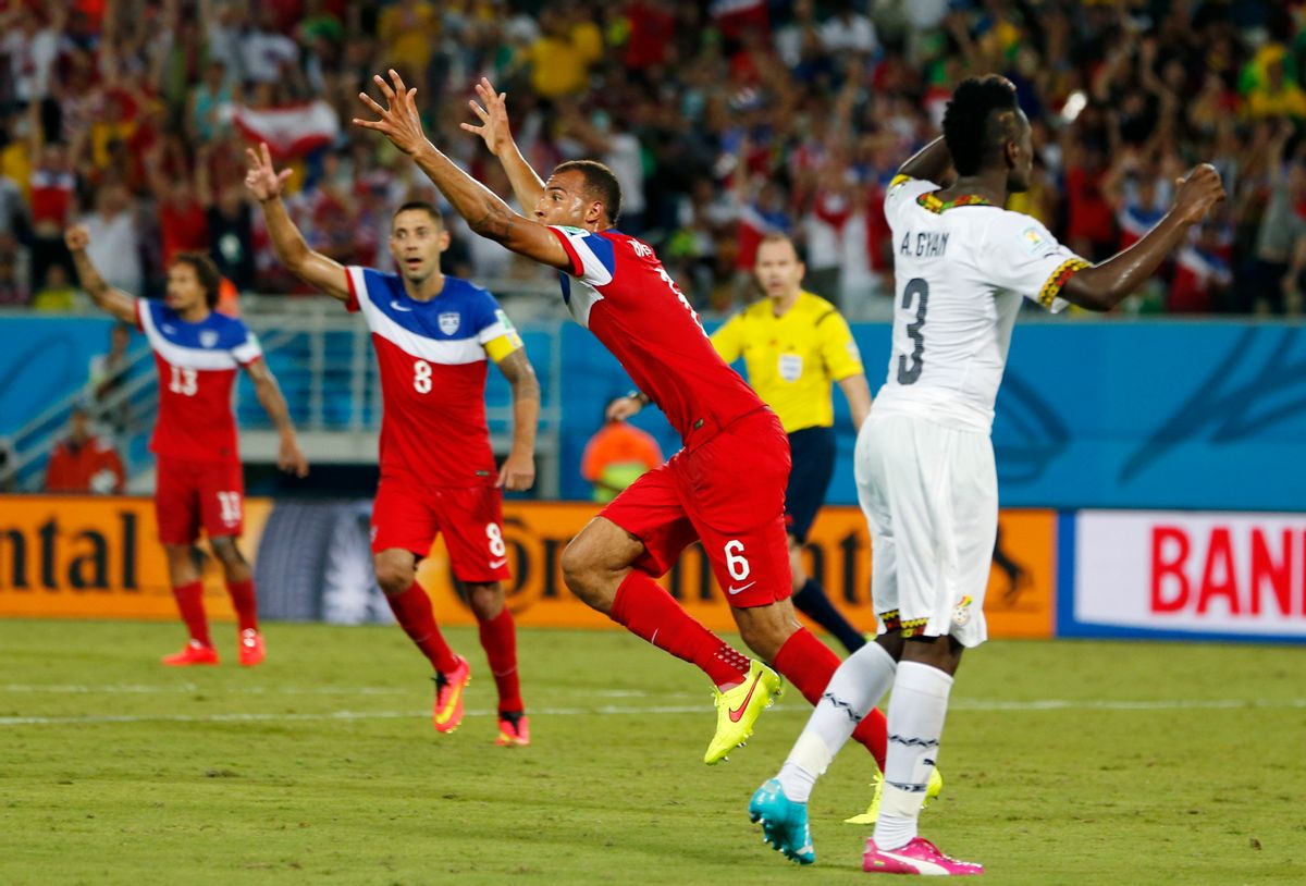United States' John Brooks (6) celebrates with teammates after scoring his side's second goal during the group G World Cup soccer match between Ghana and the United States at the Arena das Dunas in Natal, Brazil, Monday, June 16, 2014. (AP Photo/Julio Cortez) (Julio Cortez)