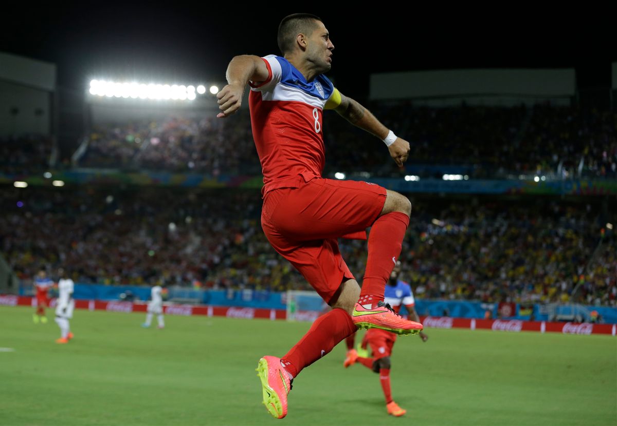 United States' Clint Dempsey leaps as he celebrates after scoring the opening goal during the group G World Cup soccer match between Ghana and the United States at the Arena das Dunas in Natal, Brazil, Monday, June 16, 2014.  (AP Photo/Ricardo Mazalan) (Ricardo Mazalan)