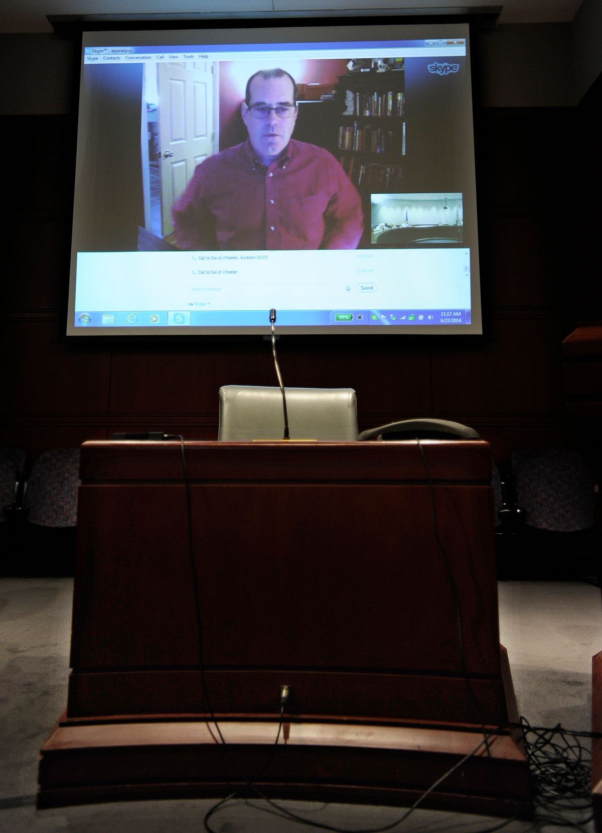 David Wheeler, father of Sandy Hook School shooting victim Benjamin Wheeler, addresses the Sandy Hook Advisory Commission via Skype at the Legislative Office Building, Friday, June 27, 2014, in Hartford, Conn. The Sandy Hook Advisory Commission has been reviewing current policies and making recommendations to Gov. Dannel P. Malloy on school safety, mental health and gun violence prevention. (AP Photo/Jessica Hill)   (AP)
