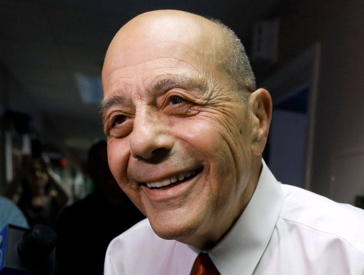 FILE - In this Wednesday, June 25, 2014 file photo, former Providence Mayor Buddy Cianci speaks with reporters at the WPRO-AM radio station in East Providence, R.I., after announcing on the air that he will run for a seventh term as mayor. Cianci was forced to resign in 1984 after he was convicted of assault. In 1990 he won his job back until he was convicted of racketeering conspiracy in 2002 and sent to prison as part of a federal investigation into corruption in City Hall. (AP Photo/Steven Senne, File) (AP)