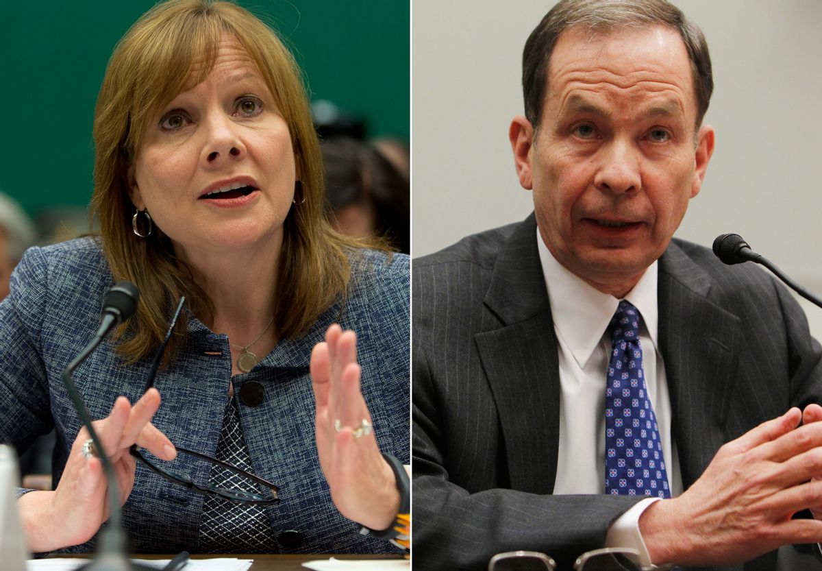In this combo made from file photos, General Motors CEO Mary Barra testifies before the House Energy and Commerce subcommittee on Oversight and Investigation on Tuesday, April 1, 2014, left, and former U.S. Attorney Anton R. Valukas testifies before the House Financial Services Committee on April 20, 2010, on Capitol Hill in Washington. Barra and Valukas will appear on June 18, 2014 before the House Energy and Commerce Committees oversight subcommittee, the panel announced Wednesday. (AP Photo/Evan Vucci, Charles Dharapak) (AP)