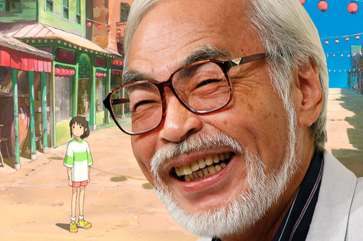 Hayao Miyazaki, with a still from "Spirited Away"      (AP/Koji Sasahara)