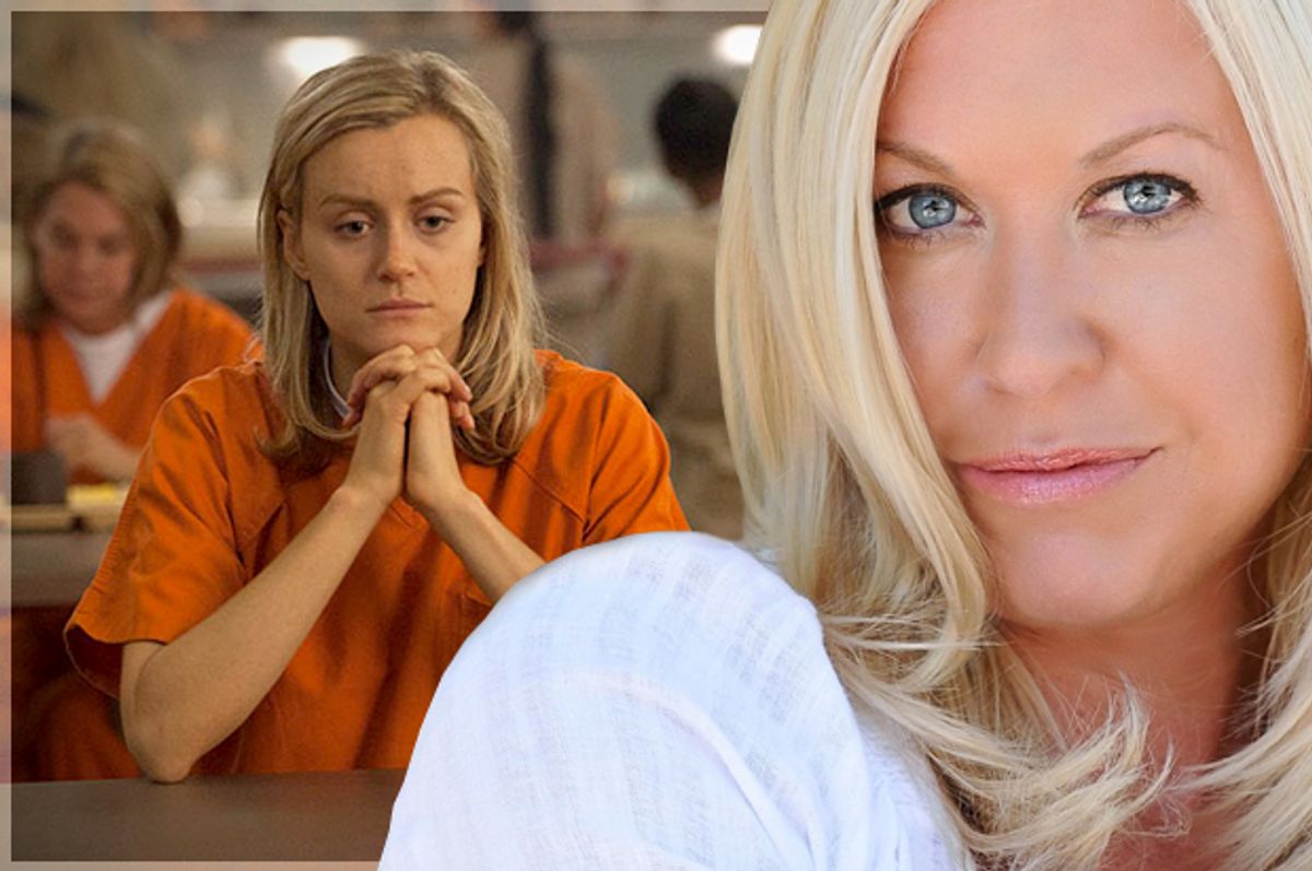 A photo of the author, right, and actress Taylor Schilling (playing Piper Chapman) in "Orange Is the New Black"     (Netflix)