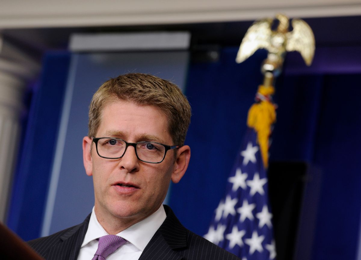 White House press secretary Jay Carney speaks during the daily briefing at the White House in Washington, Monday, June 2, 2014. Carney was asked about the release of Sgt. Bowe Bergdahl  from Afghanistan and a sweeping initiative by the Obama administration to curb pollutants blamed for global warming. (AP Photo/Susan Walsh) (AP)