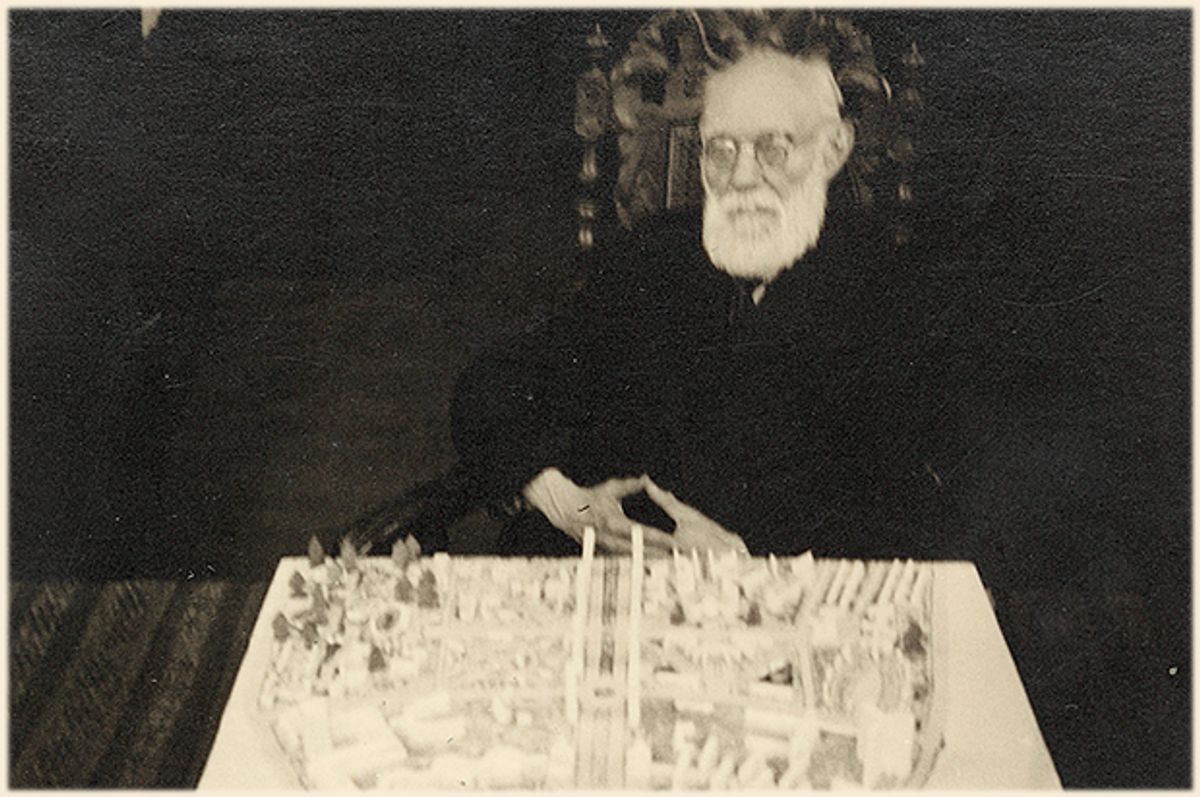 Paul Otlet with model of the World City, 1943     (Mundaneum, Mons, Belgium)