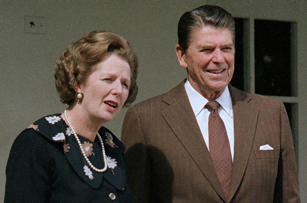 Margaret Thatcher and Ronald Reagan, outside the White House in 1983.         (AP)