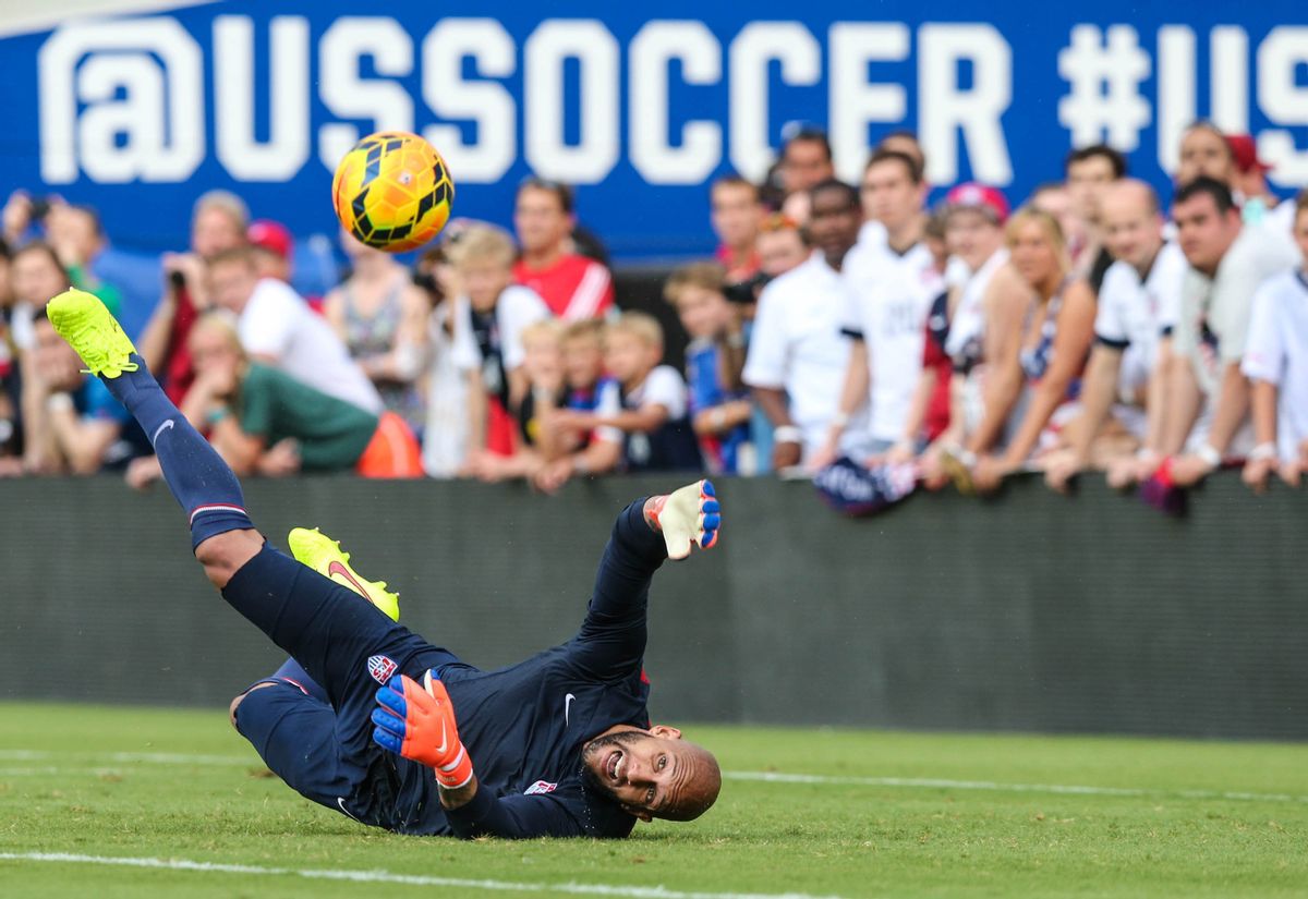 U.S. men's soccer team goalkeeper Tim Howard scrimmages during a public training session at EverBank Field in Jacksonville, Fla., Friday, June 6, 2014 before Saturday's friendly match against Nigeria ahead of the World Cup Championship. ((AP Photo/The Florida Times-Union, Gary McCullough))