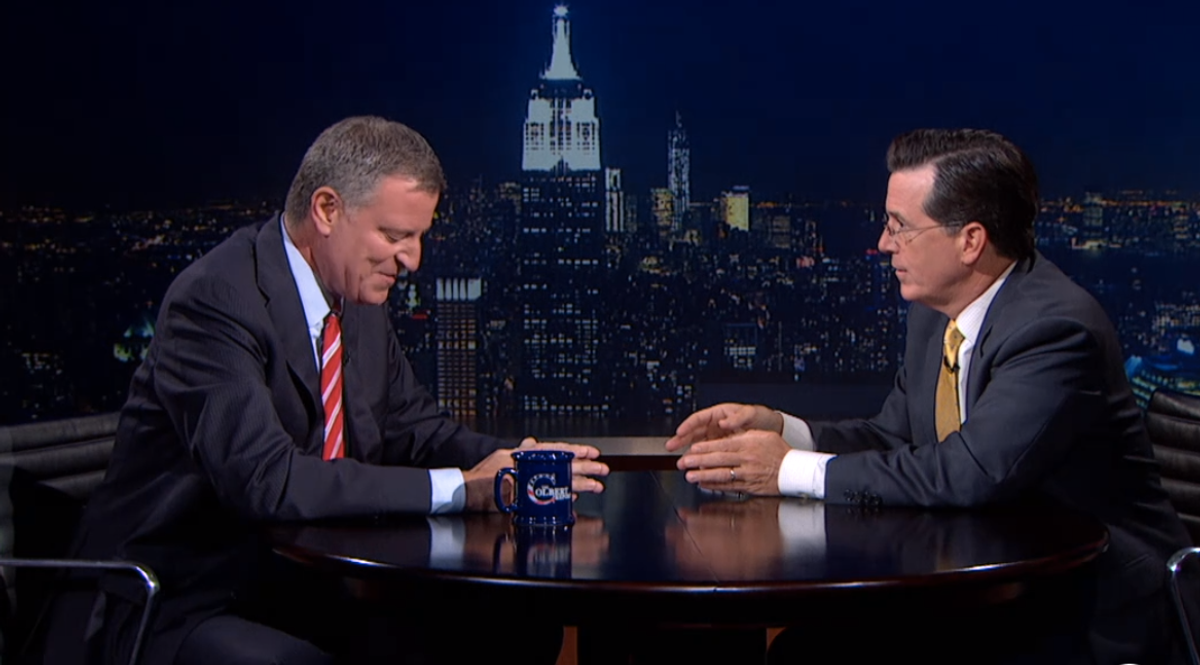  Mayor Bill deBlasio with Stephen Colbert     (screenshot)