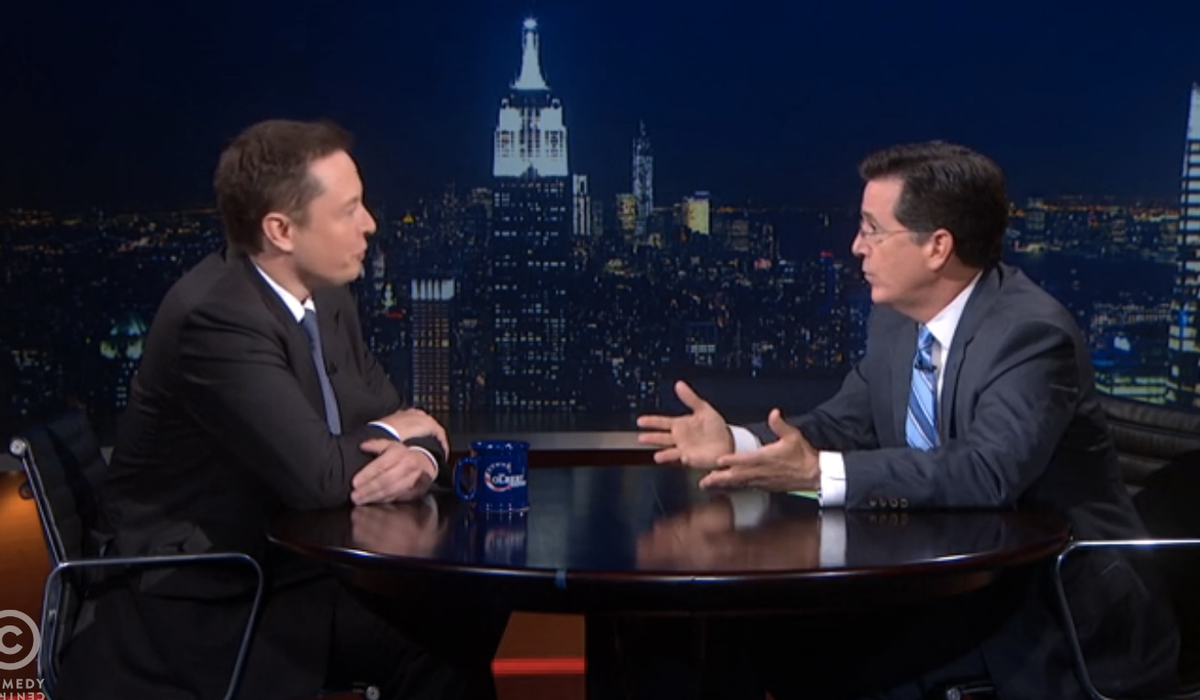 Stephen Colbert with Elon Musk        (screenshot)