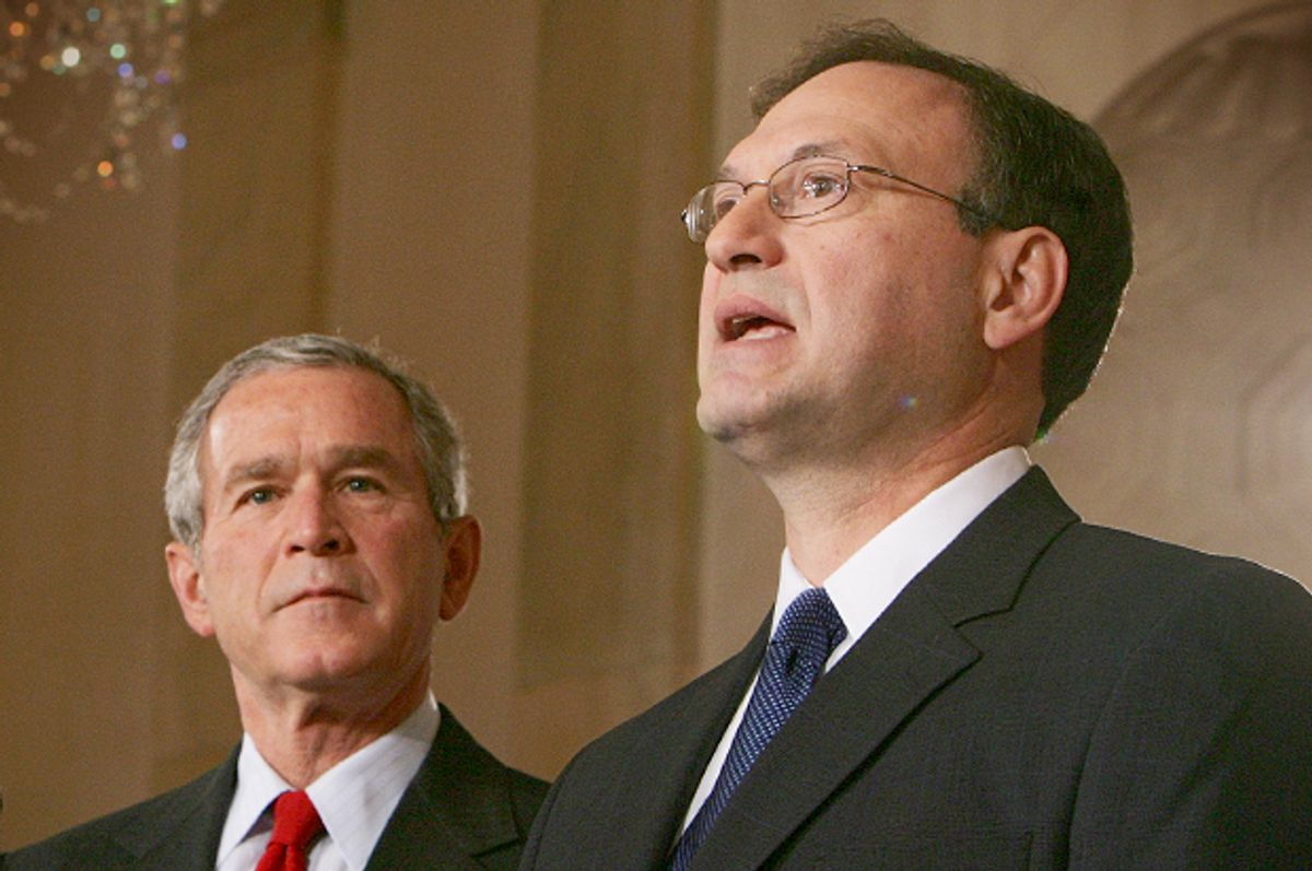 President Bush watches Judge Samuel Alito speak after he announced Alito's selection as his new nominee for the Supreme Court, Monday, Oct. 31, 2005.         (AP/Ron Edmonds)