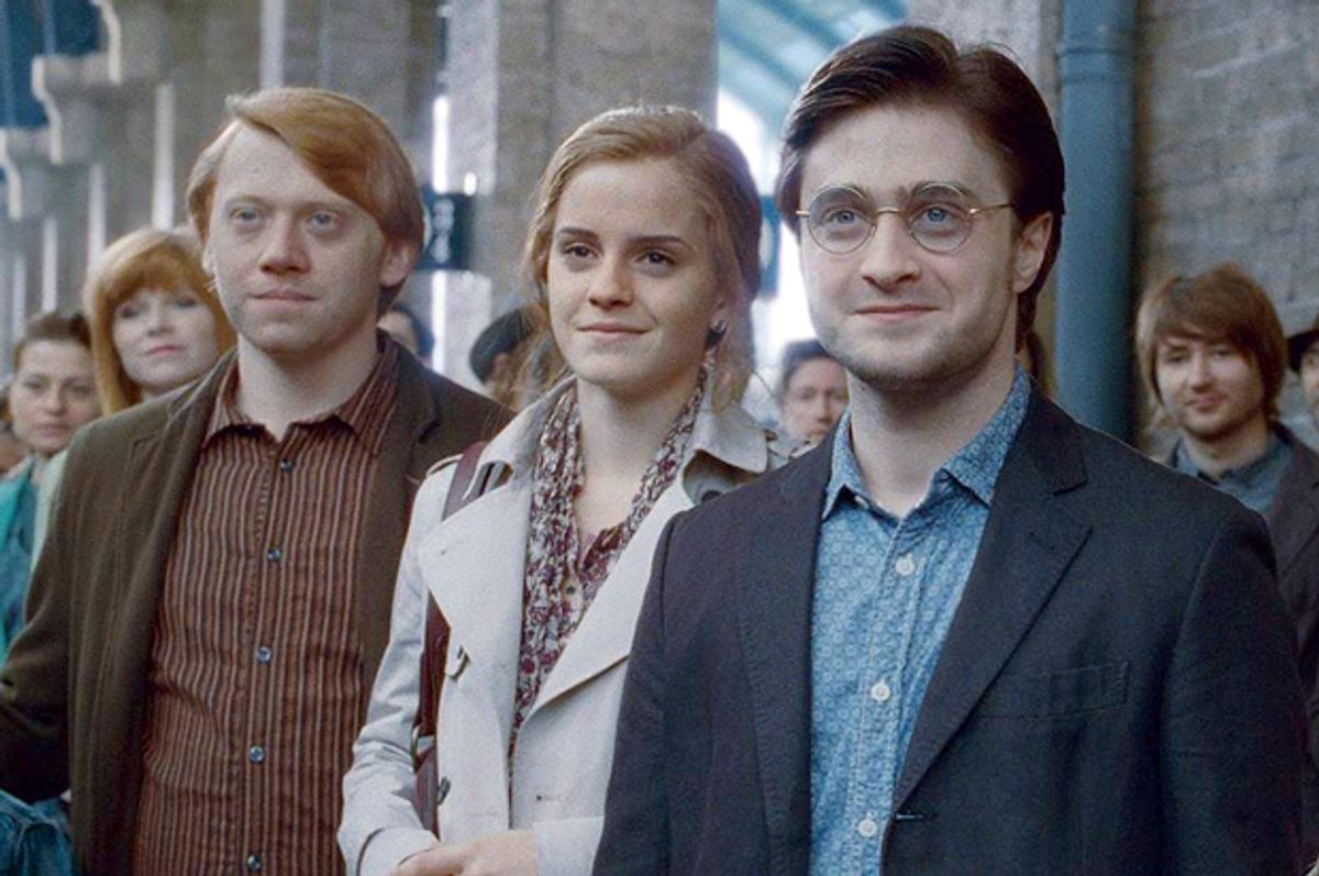 Rupert Grint, Emma Watson, and Daniel Radcliffe in the epilogue scene of "Harry Potter and the Deathly Hallows: Part 2"   