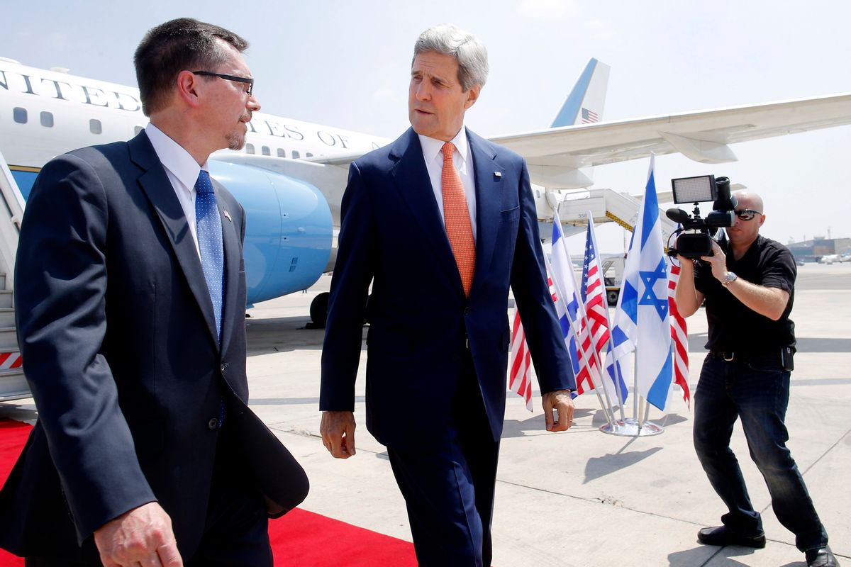 U.S. Secretary of State John Kerry walks with U.S. Embassy Deputy Chief of Mission Bill Grant as he arrives to Tel Aviv, Israel, Wednesday, July 23, 2014. Kerry is meeting with U.N. Secretary-General Ban Ki-moon, Israeli Prime Minister Benjamin Netanyahu, and Palestinian Authority President Mahmoud Abbas as efforts for a cease-fire between Hamas and Israel continues. (AP Photo/Pool)  (AP)