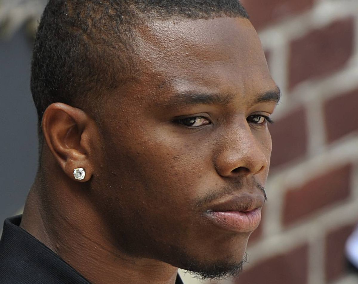 Baltimore Ravens running back Ray Rice answers question during a news conference after NFL football training camp practice, Thursday, July 31, 2014, in Owings Mills, Md.(AP Photo/Gail Burton)  (AP)